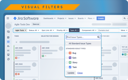 Agile Tools and Filters adding dropdown filters to a Jira board