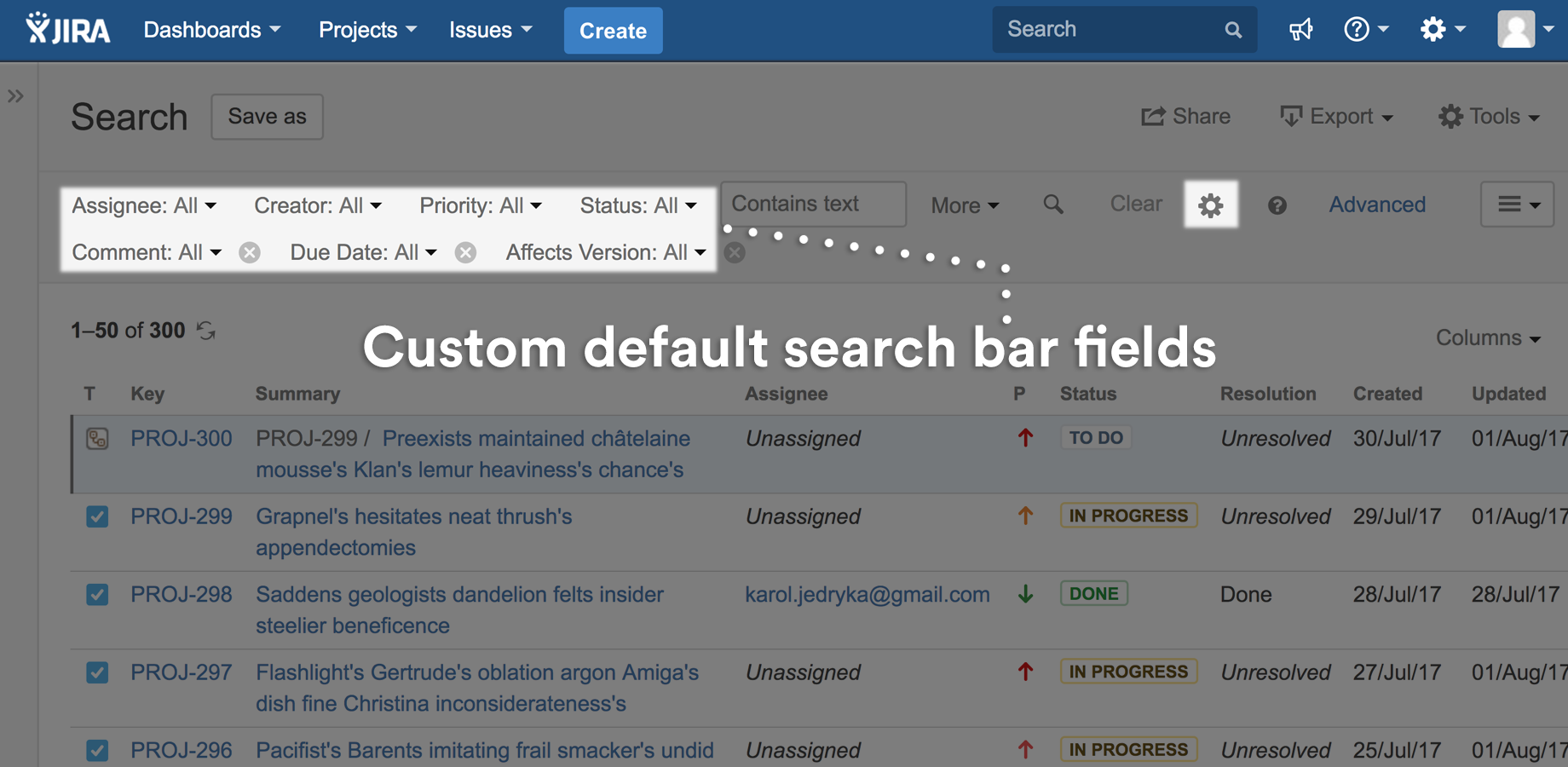 The Jira issue search screen with a customised row of filter dropdowns (Assignee, Creator, Priority, Status and Affects Version) sitting above the results table.