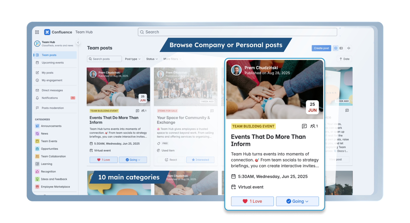 The Team Hub board inside Confluence: a feed of company and personal post cards beside a sidebar of ten categories, with one event post enlarged showing its date, Love count and Going button.