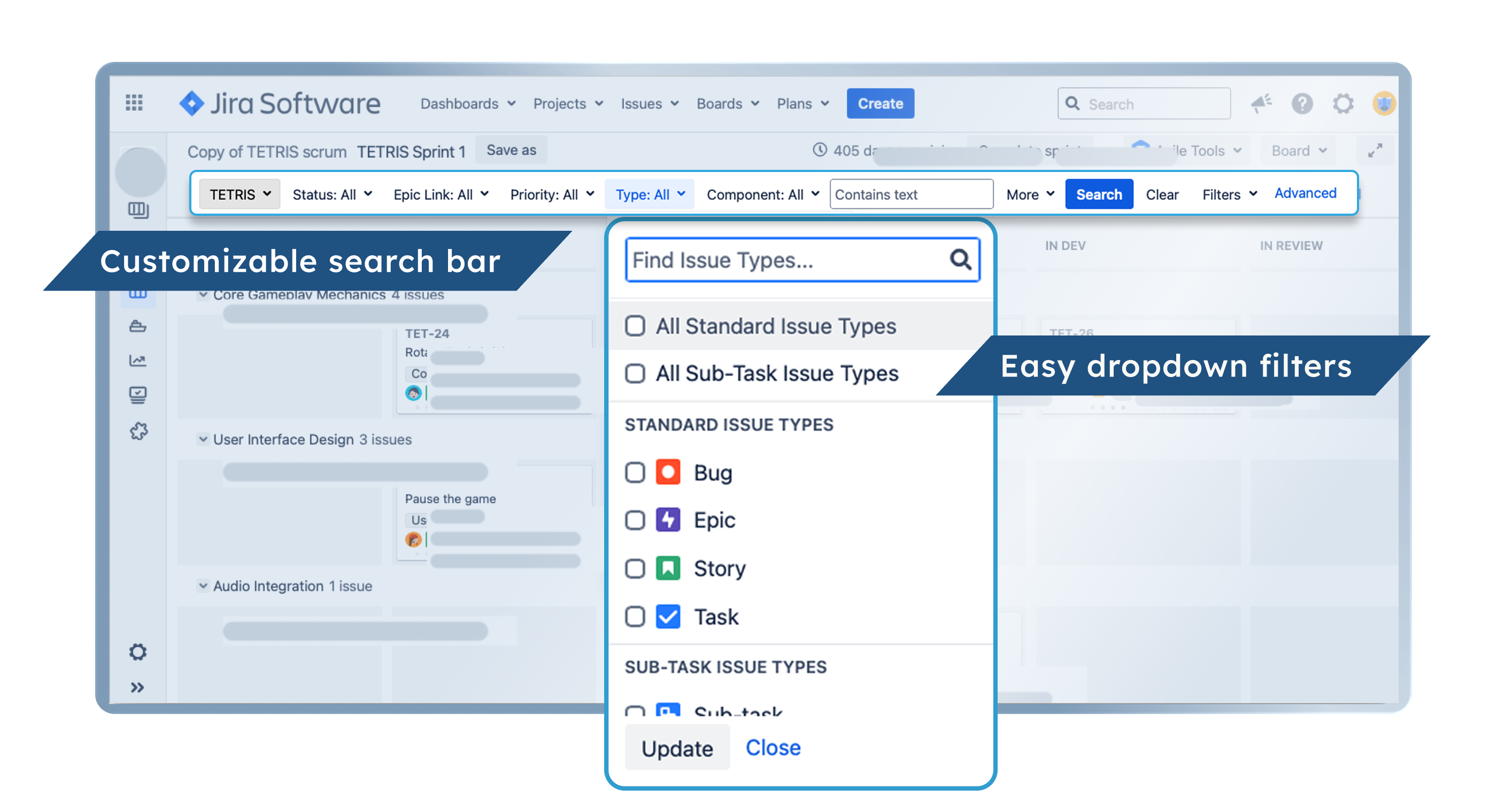 A Jira board with the Agile Tools search bar above it: dropdown filters for Epic Link and Type, and an open Filters menu listing saved personal and backlog filters.