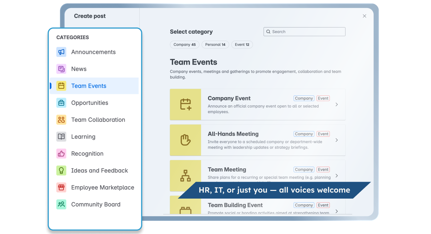 The Team Hub create-post dialog: a category picker with Company, Personal and Event counts, listing Team Events templates such as Company Event, All-Hands Meeting and Team Meeting.