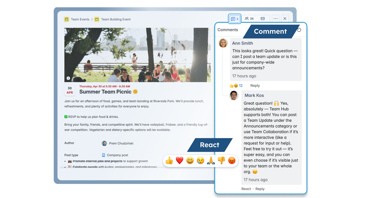 A Team Hub event post for a summer team picnic, with the RSVP details on the left and a comment thread with emoji reactions open on the right.