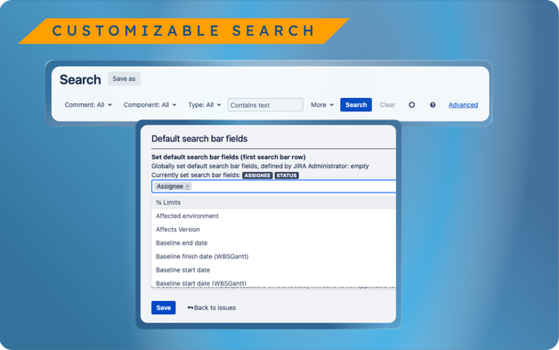 The Jira issue search screen with customised fields and active filters highlighted