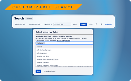 Issue Search Customiser highlighting the active filters on a Jira search screen
