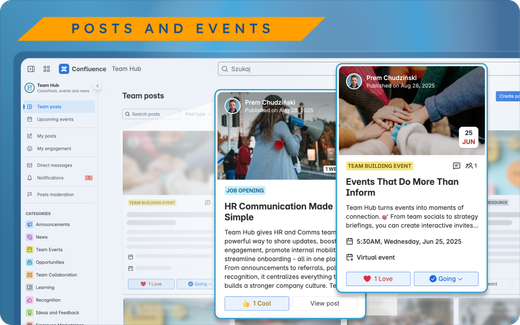 Team Hub showing a company feed of posts and events in Confluence